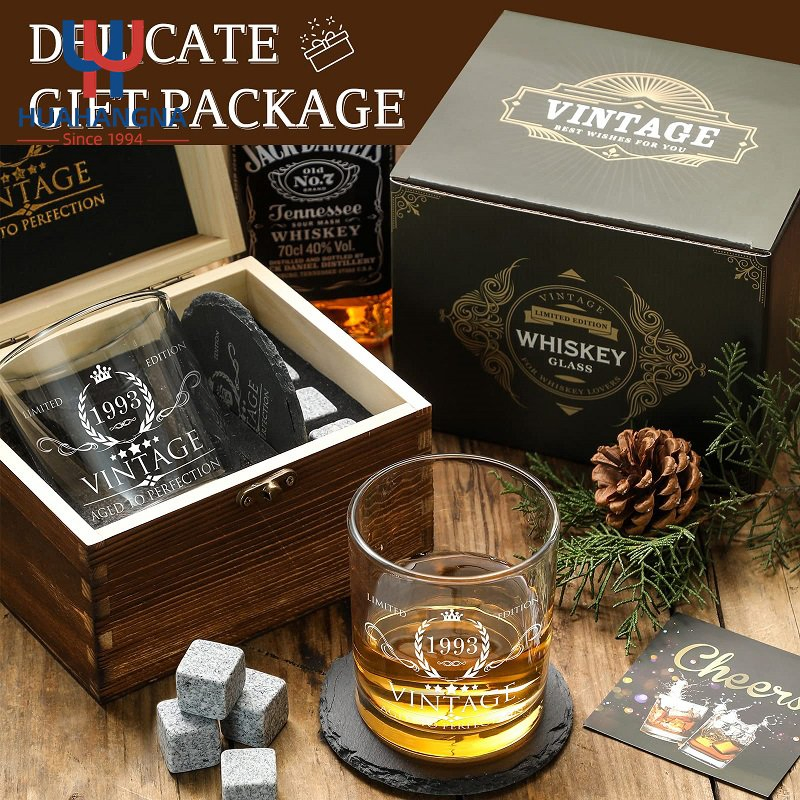 Premium Whiskey Glass Set Custom Logo Engraved Bourbon Whisky Stones and Coaster Gift Set with Wood Box for Men Present