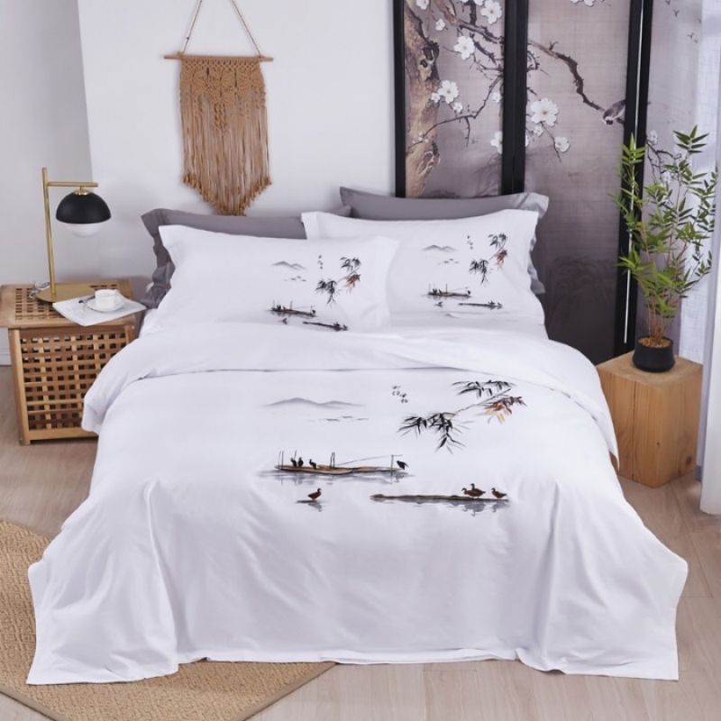 High Grade Hotel Textile Bedding Supplies 60s Cotton Satin Floral Plant Jet Printing Duvet Quilt Comforter Cover Guesthouse Bed Sheets ODM/OEM White Bedding Set
