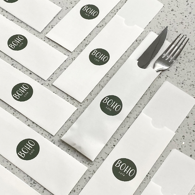 Custom Restaurant Cutlery Paper Bag Pouch Fork Knife Spoon Flatware Silverware Set Kraft Paper Sleeve with Napkin