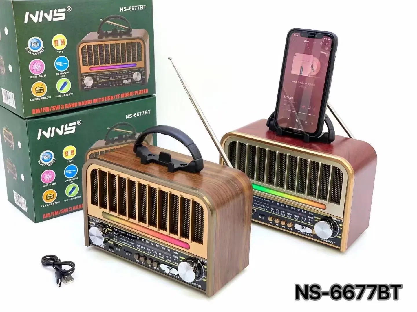 Ретро радио NS-6677BT с Bluetooth, деревянный корпус