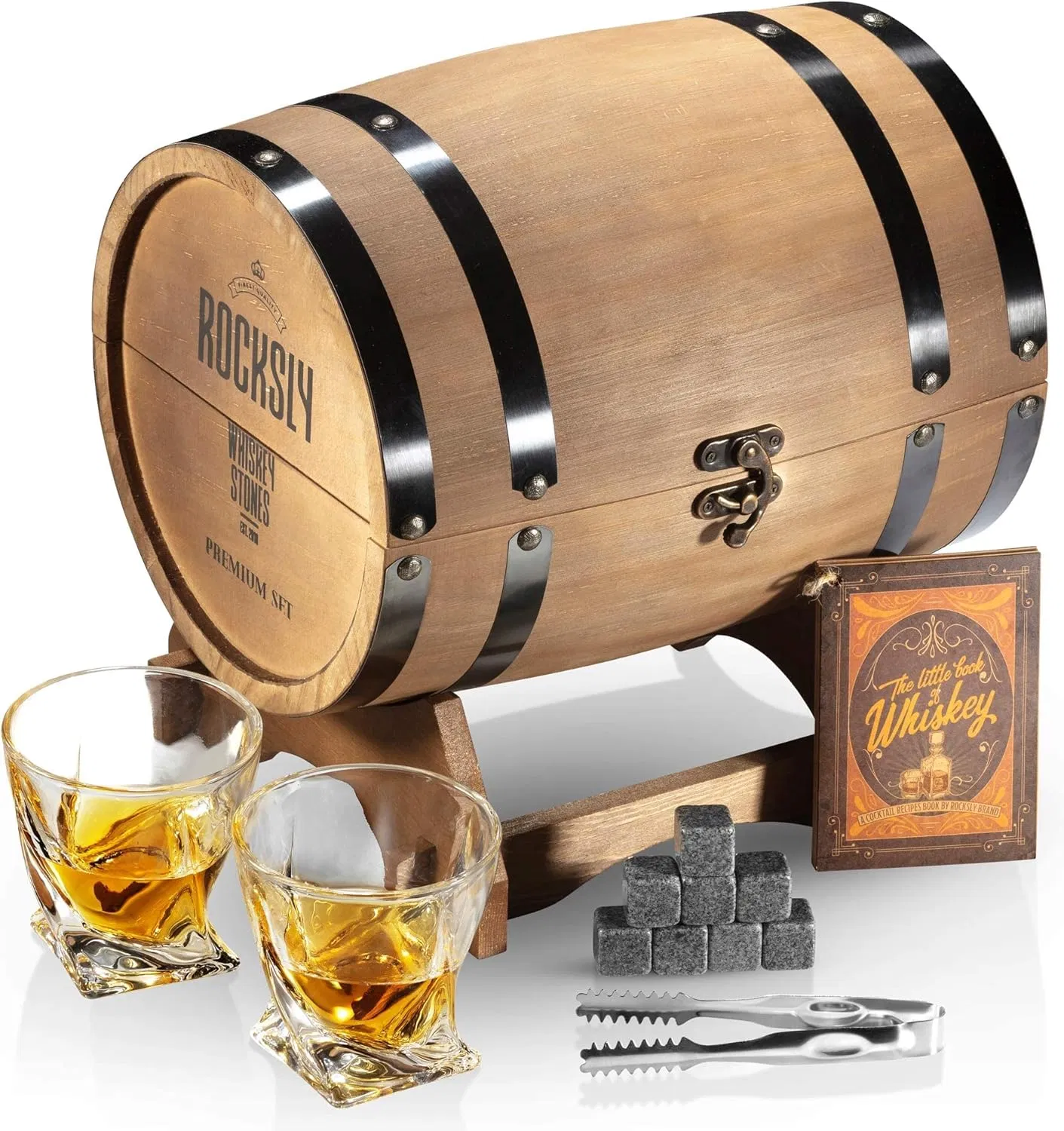 Personalized 300ml Custom Twisted Whisky Glass Gift Set with 6 Granite Whiskey Rocks in Wooden Barrel Box