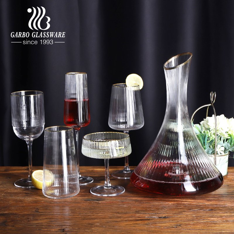 Modern Gold Rim Ribbed Glass Wine Decanter Stemware Goblet Barware Ribbed Wine Glass