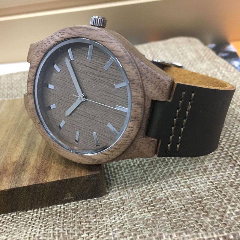 Hot Style Fashion Germanium Stone Engraved Walnut Leather Strap Quartz Watch