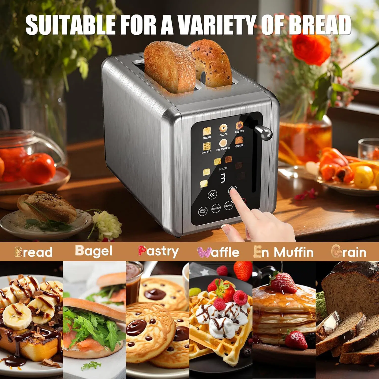Commercial 2-Slice Smart Toaster with LED Screen for Toast Bun Bagel Warming
