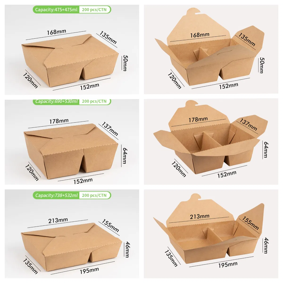 Custom Logo Printing Rectangular Returnable Disposable 5 Compartment Brown Kraft Paper Packaging Food Lunch Box