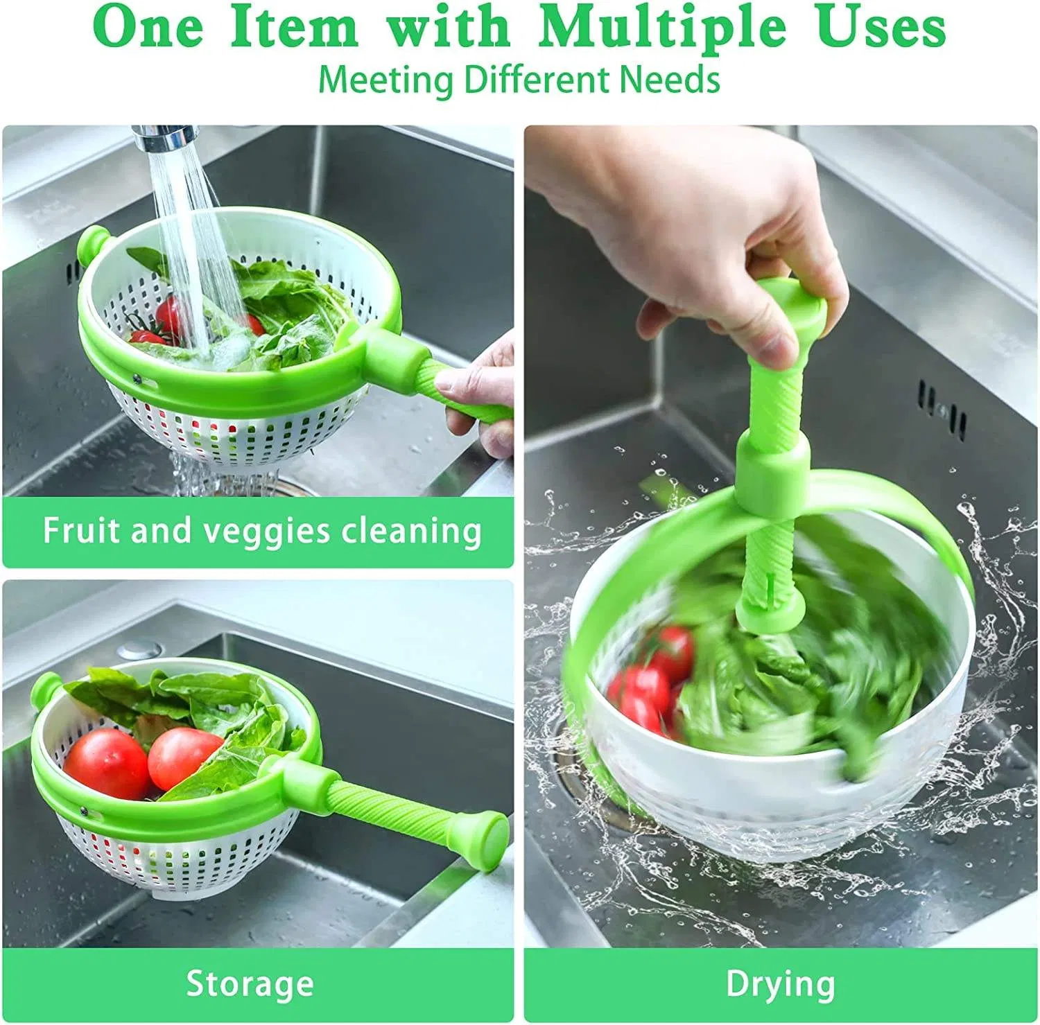 Vegetable Spinner Fruit Washer Multi-Use Collapsible Spinning Colander with Handle