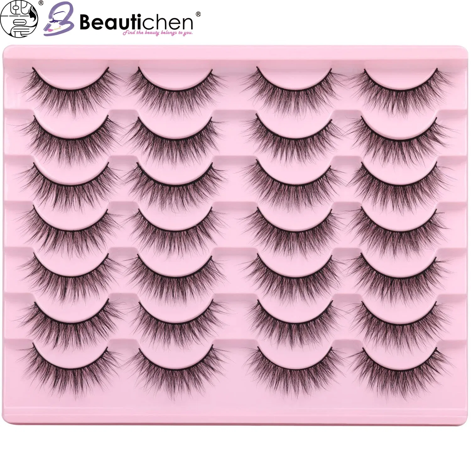 Beautichen Voluminous & Long Faux Lashes – Multi-Pair Pink Tray Set – Curled, Layered & Natural Styles for Daily and Glam Looks