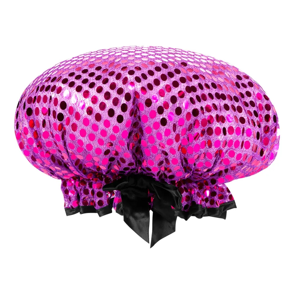 China Factory High Quality Waterproof Shower Caps Double Layer Sequin Shower Cap