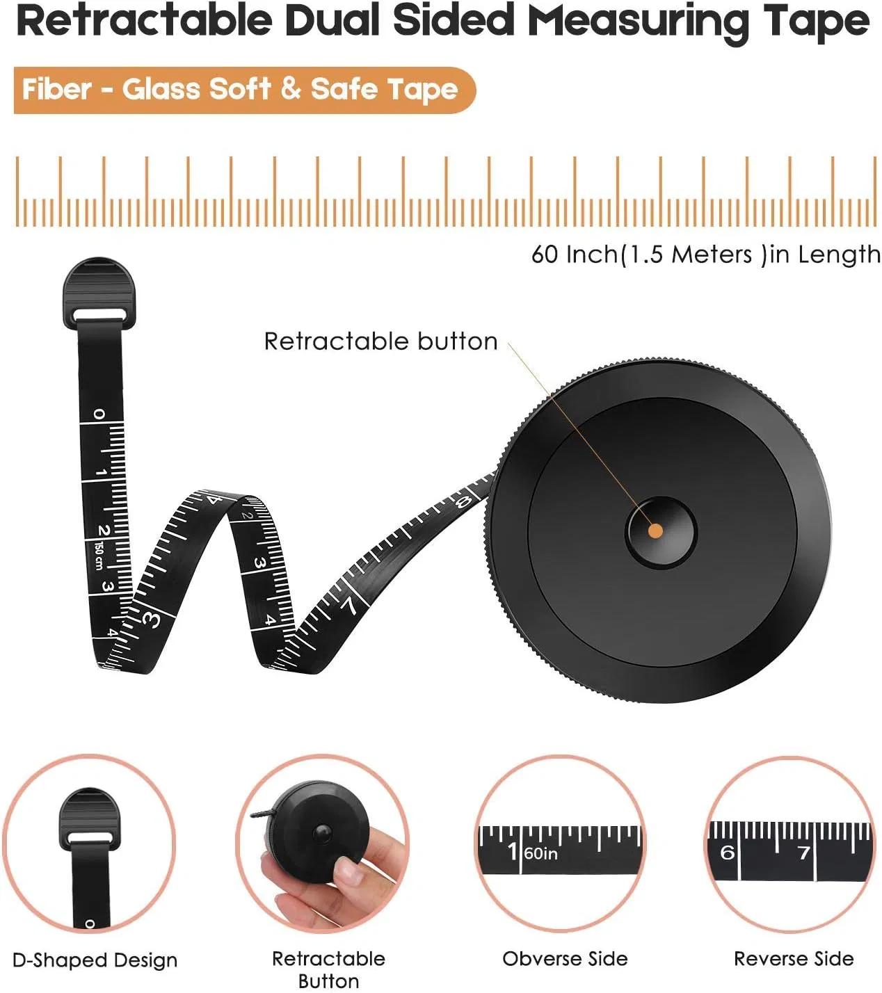 Tape Measure Measuring Tape for Body Fabric Sewing Tailor Cloth Knitting Vinyl Home Craft Measurements, 60-Inch Soft Fashion Pink & Retractable Black Double Sca