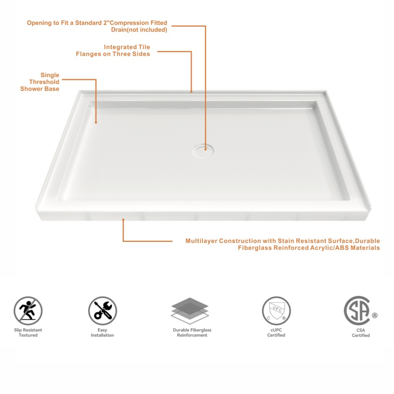 Rectangle Shaped White Acrylic Shower Base Tray with Drain for Shower Room
