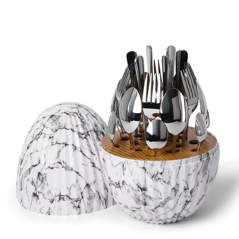 24PCS Tableware Set Gold Silver Egg-Shaped Stainless Steel Flatware Set