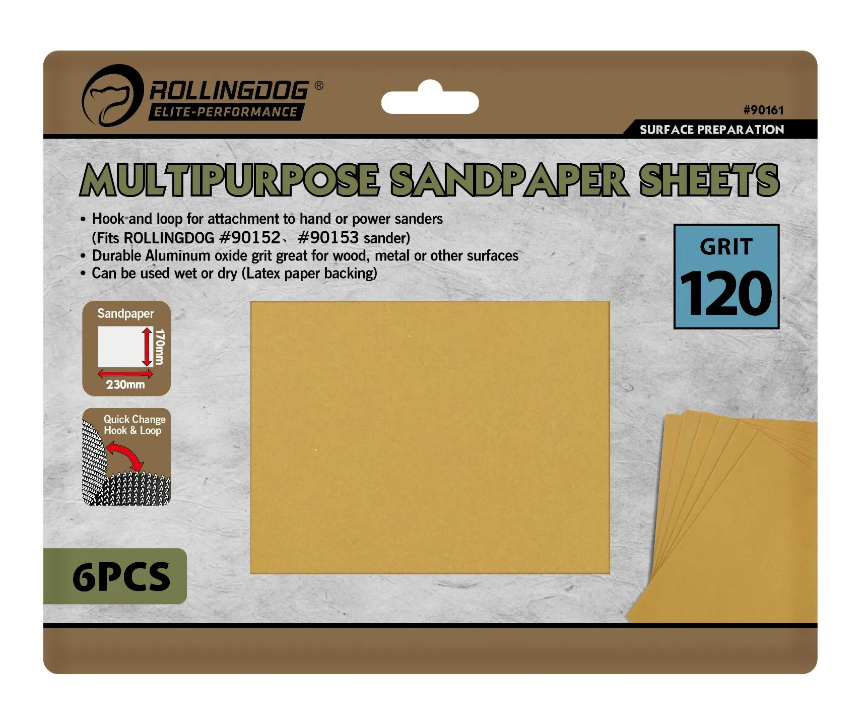 Rolingdog-Elite 90161 Multipurpose Sandpaper Sheets (6PCS) 120 Grit