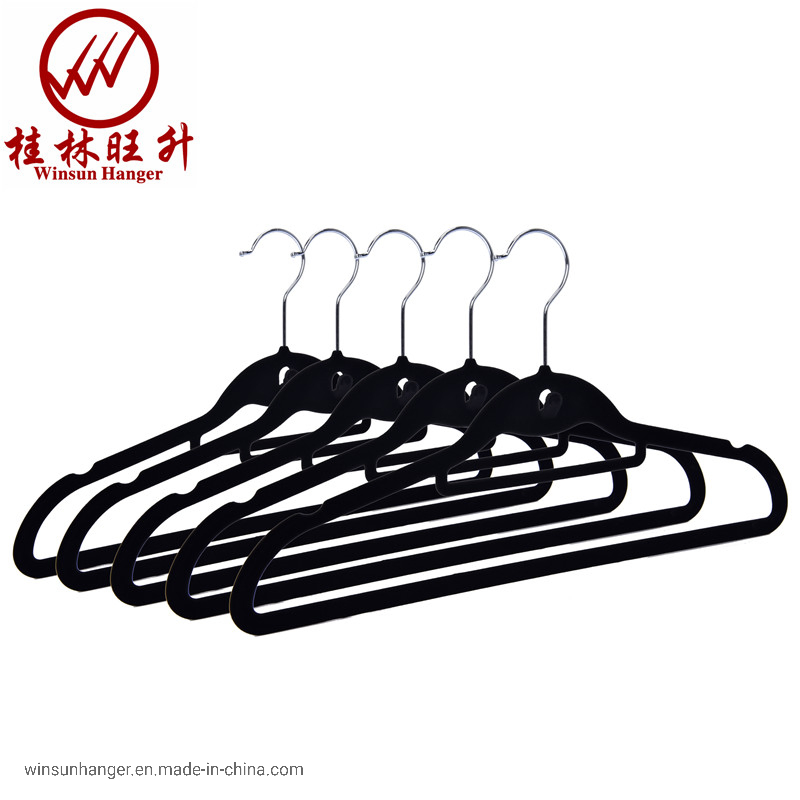 Black Velvet Clothes Hanger Flocked Plastic Hanger with Mini Hook