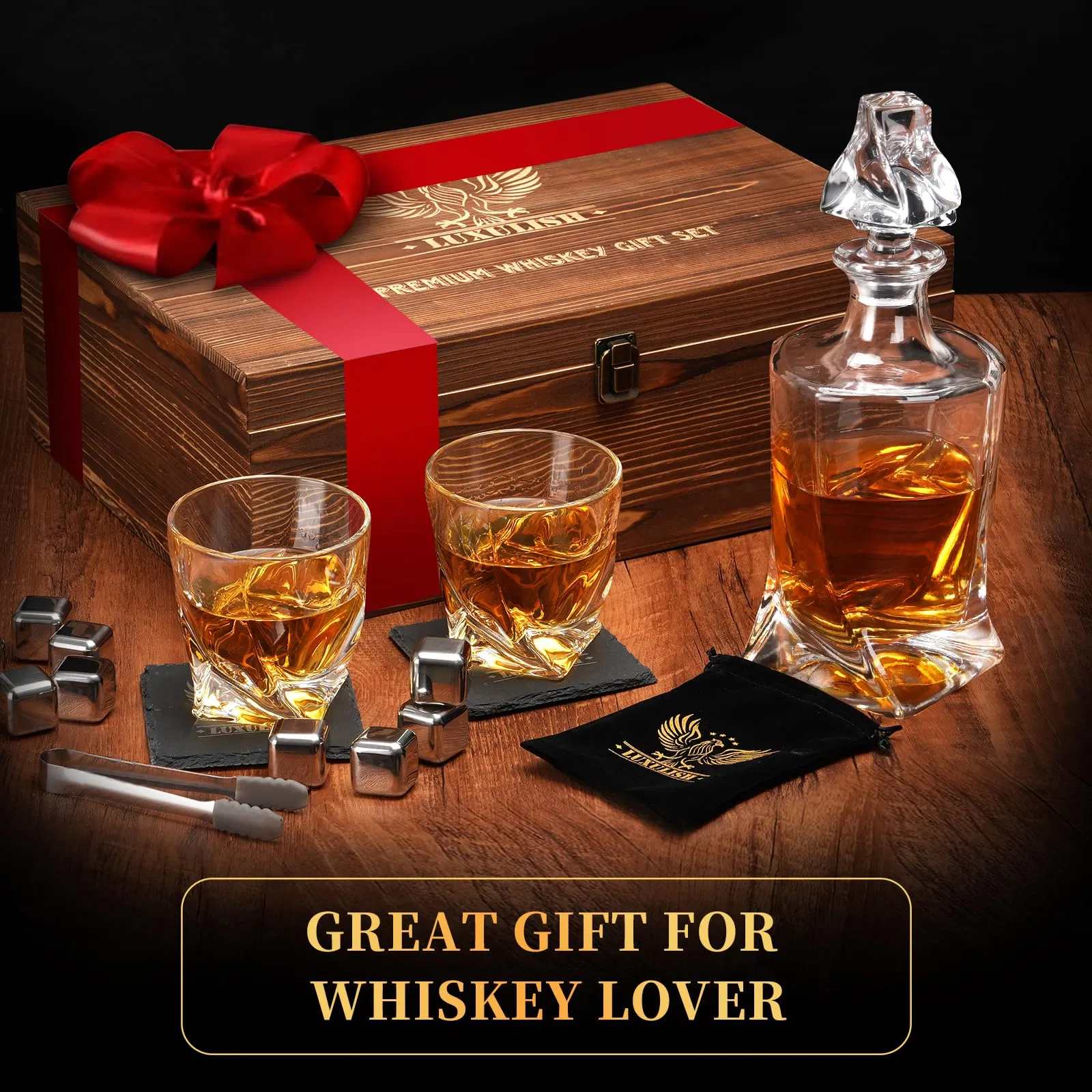 Wholesale Custom Logo Twisted Bourbon Whiskey Decanter Gift Set with Handcrafted Wooden Box