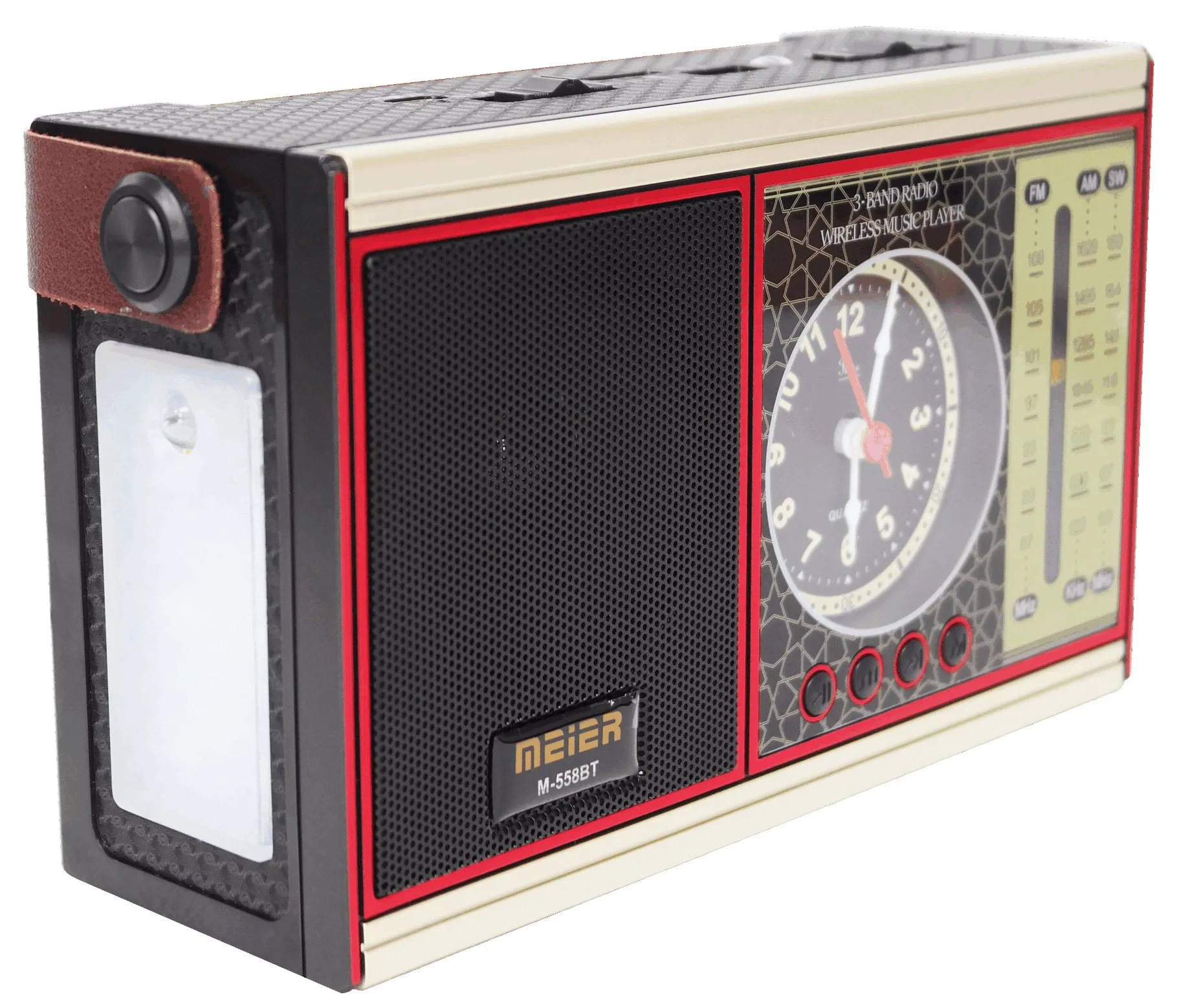 Meier M-558bt Portable 3-Band Am FM Sw Radio, TF Card and MP3 Player, Rechargeable Speaker, Bluetooth Retro Design Clock Mini Radio