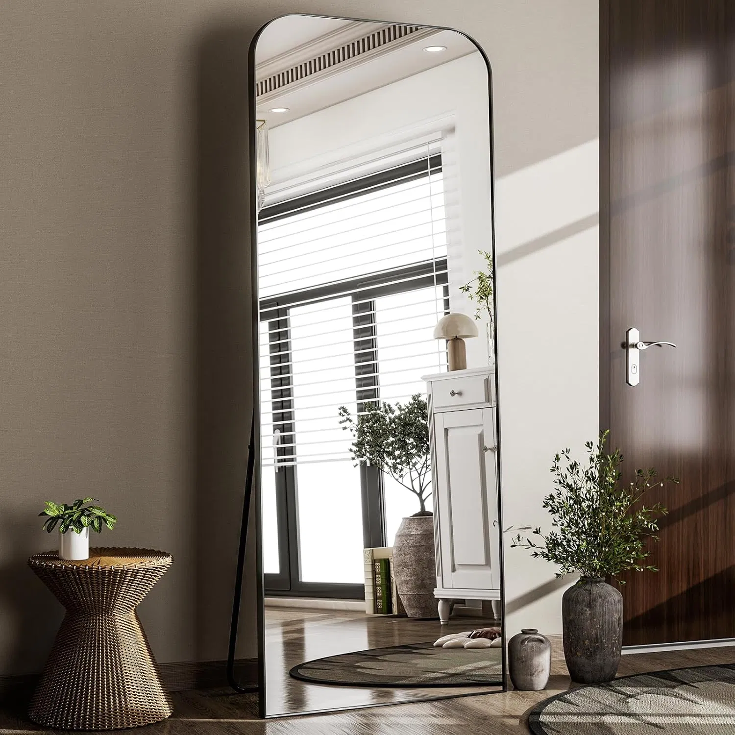 120*60 Cm Full Body Mirror Top Rounded Corner Aluminum Frame Full Length Mirror Hanging or Leaning Wall Floor Mirror with Stand for Cloakroom, Bedroom