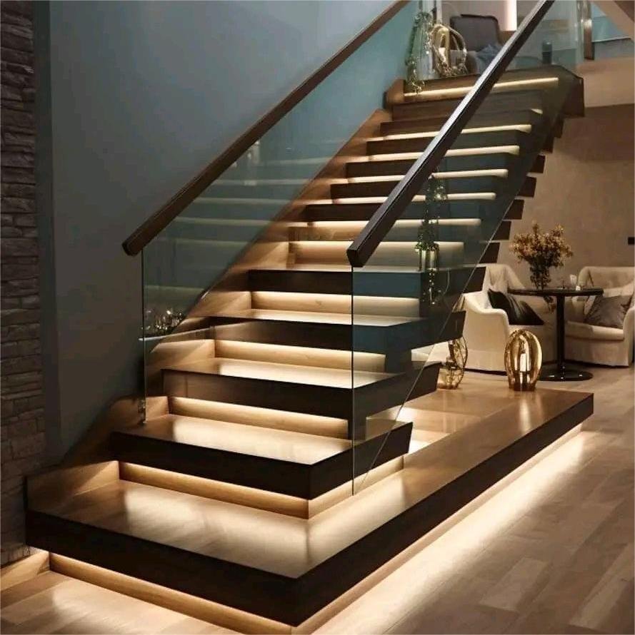 Modern DIY Installation Straight Wooden Floating Staircase with Built-in LED Step Lighting for Luxurious Apartment Interiors