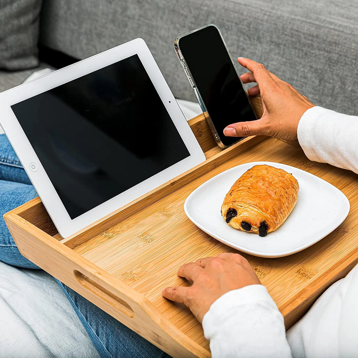Decorative Party Platter Bamboo Serving Tray with Handles and Lap Top Holder