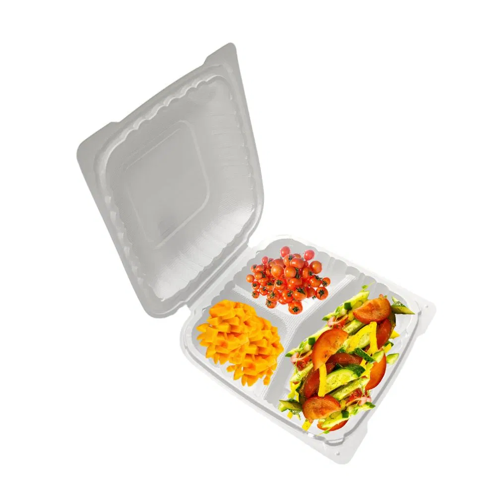 Microwavable Takeout 3 Compartment Plastic Clamshell Food Container with Hinged Lid Storage Box