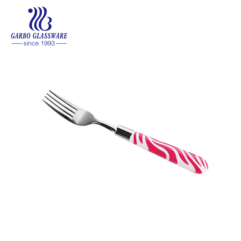 Wholesale Factory Stainless Steel Dinner Noodles Fork Metal Mirror Polish Silverware Fork with Customized Colored Pink Plastic Handle