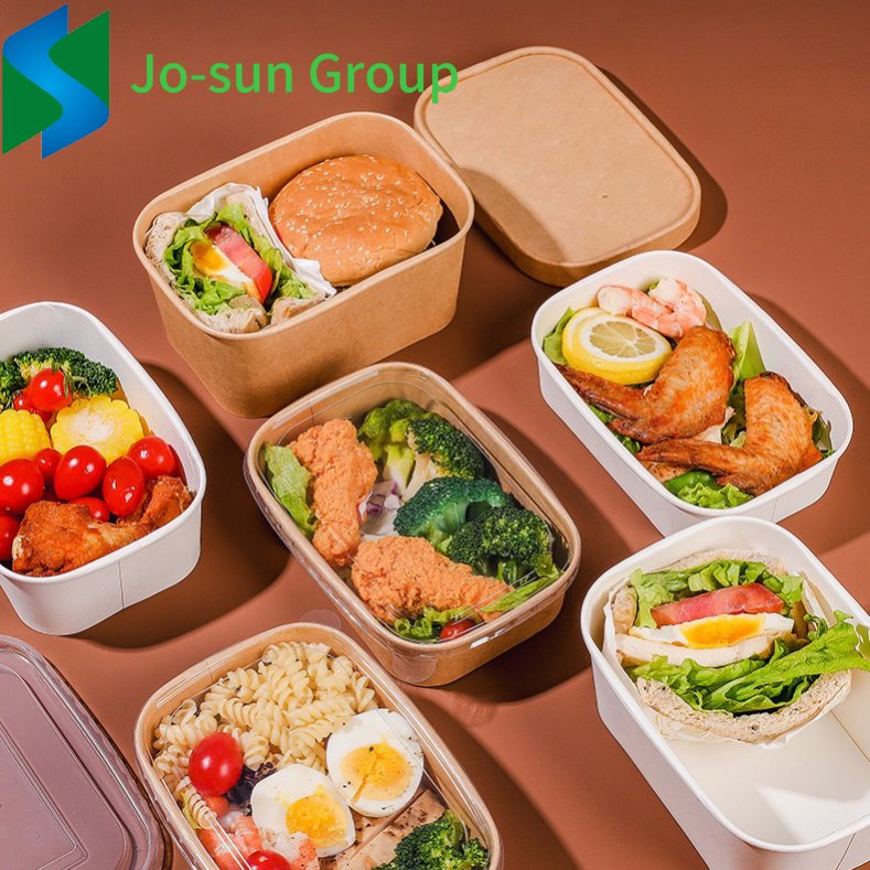 Jo-Sun Disposable Rectangular Brown White Kraft Paper Bowl with Lid Salad Bowl