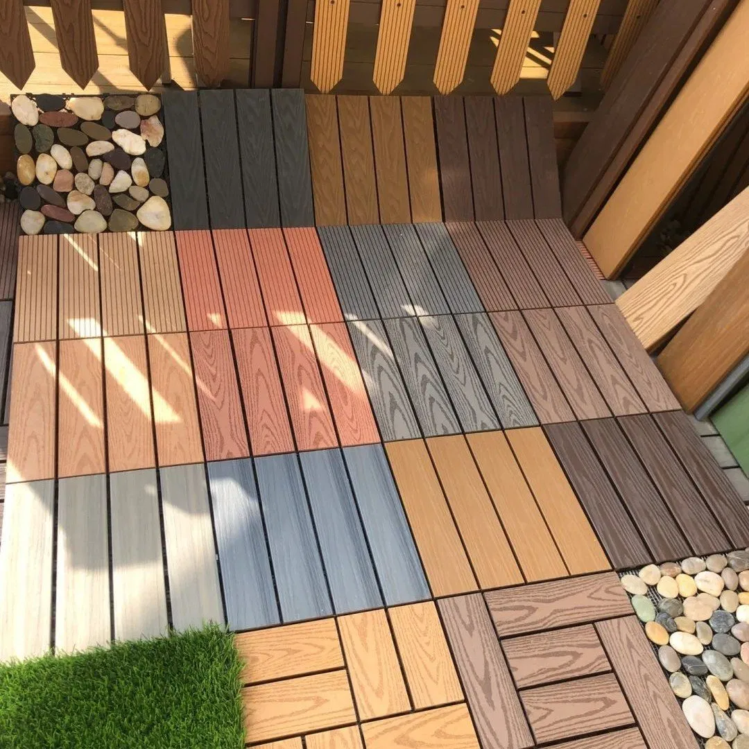Wood Plastic Interlocking Flooring Tiles 4-Slats Straight Pattern Interlocking Deck Tiles for Patio, Balcony, Porch, Backyard