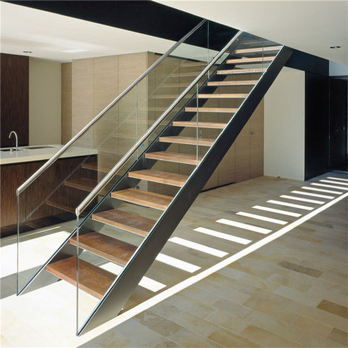 Inside Stair Modern House Residential Steel Stairs/ Floating Straight Staircase with Carbon Steel Stringer and Wood Steps Glass Steps Glass Railing