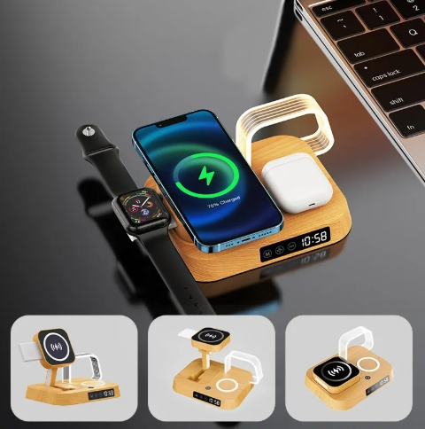 Foldable 3 in 1 Magnetic Wireless Charger Digital LED Light Desktop Alarm Clock Fast Wireless Charging Smartphone Watch Earbuds
