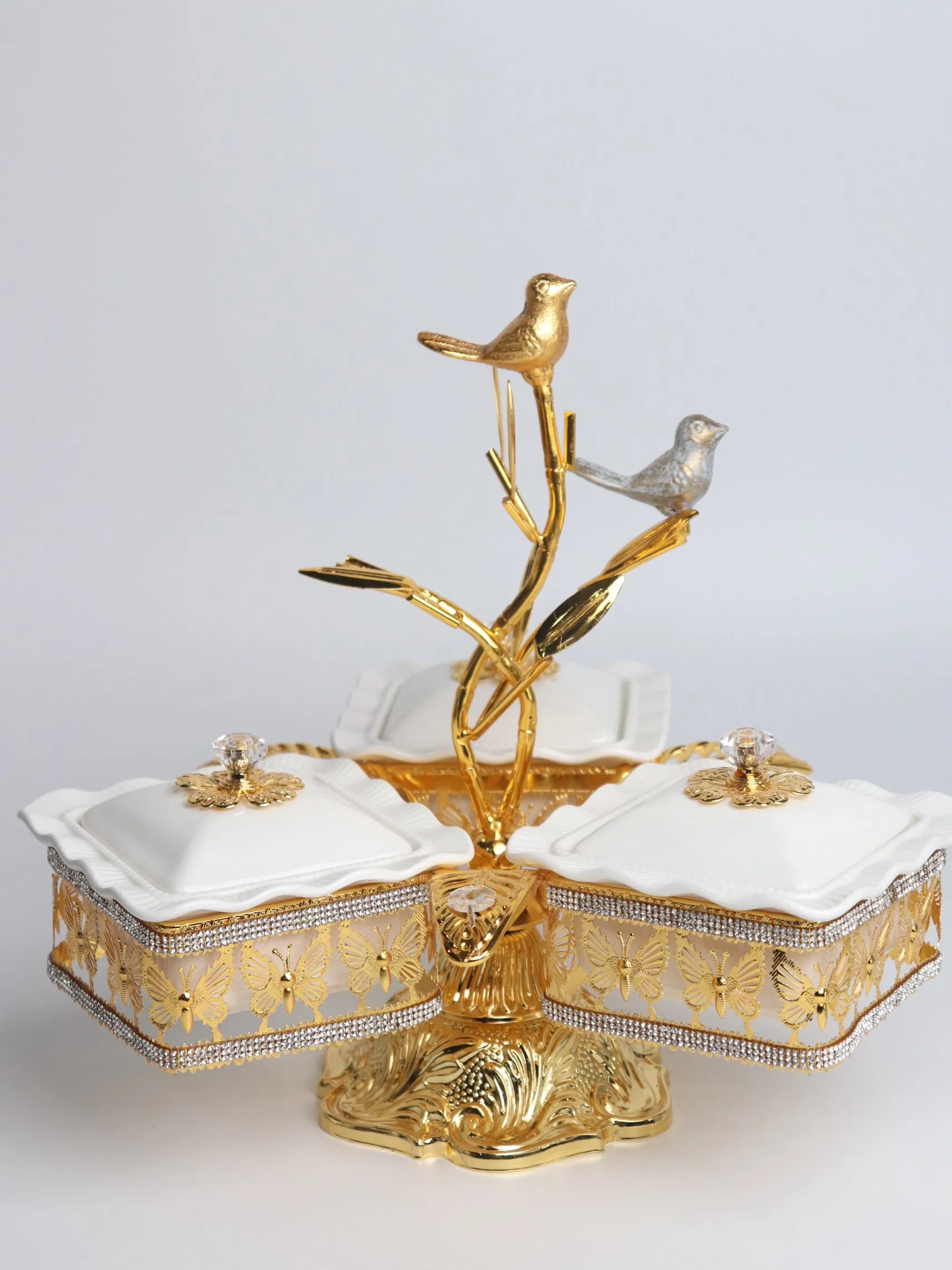 Home Ornament Gold-Plated Iron Frame with 3 Square Ceramic Bowl