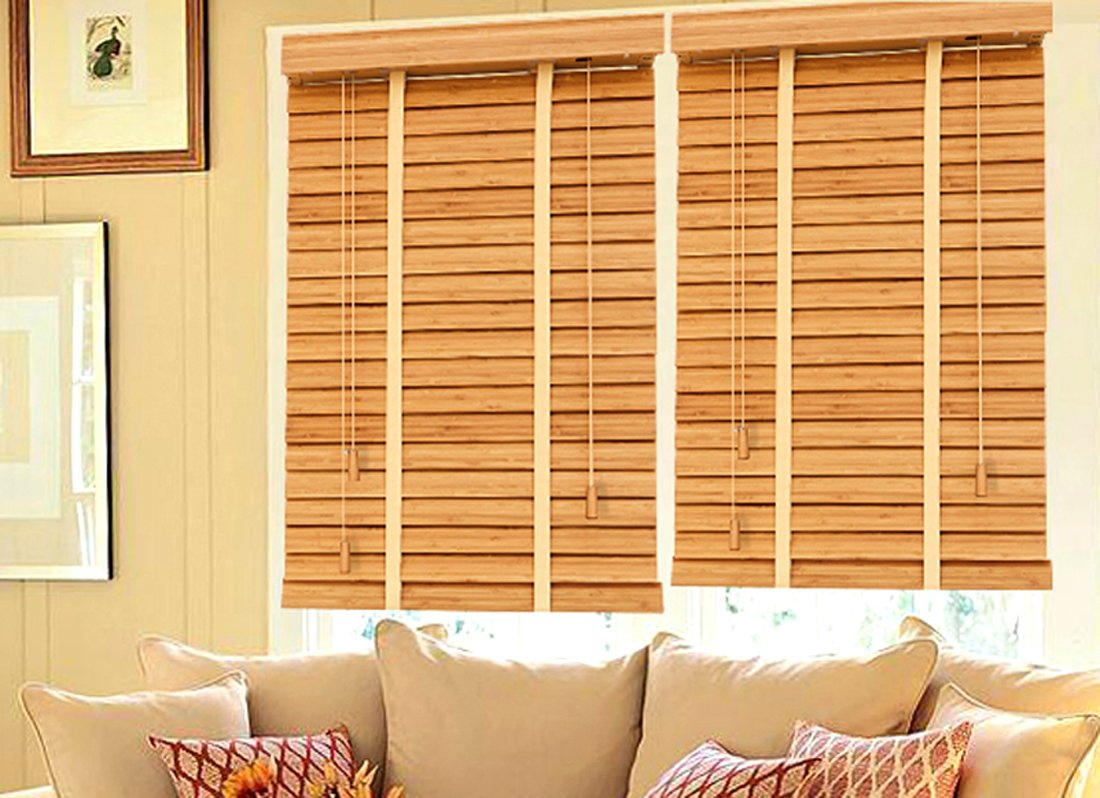 Natural Wood Material Bedroom Decorated Window Venetian Blinds and Curtains for Safety