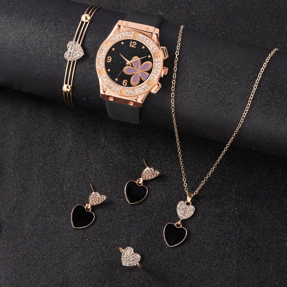 Trendy Floral Starry Sky Leather Women's Watch and Jewelry Set