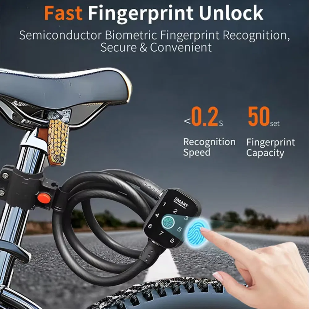 Tuya APP Zinc Alloy Fingerprint Password Bike Padlock with Stainless Steel Cable
