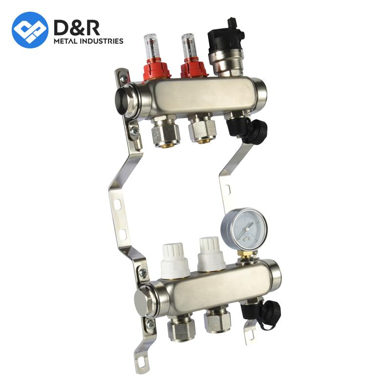 D&R 2024 New Arrived DN25 Stainless Steel Water 2~15 Loop Distribution Flow Meter Manifold for Floor Heating Systems