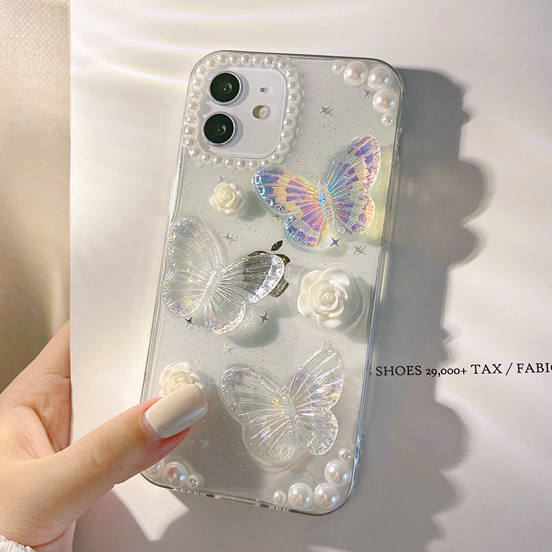 Прозрачный чехол с бабочками и блестками для iPhone