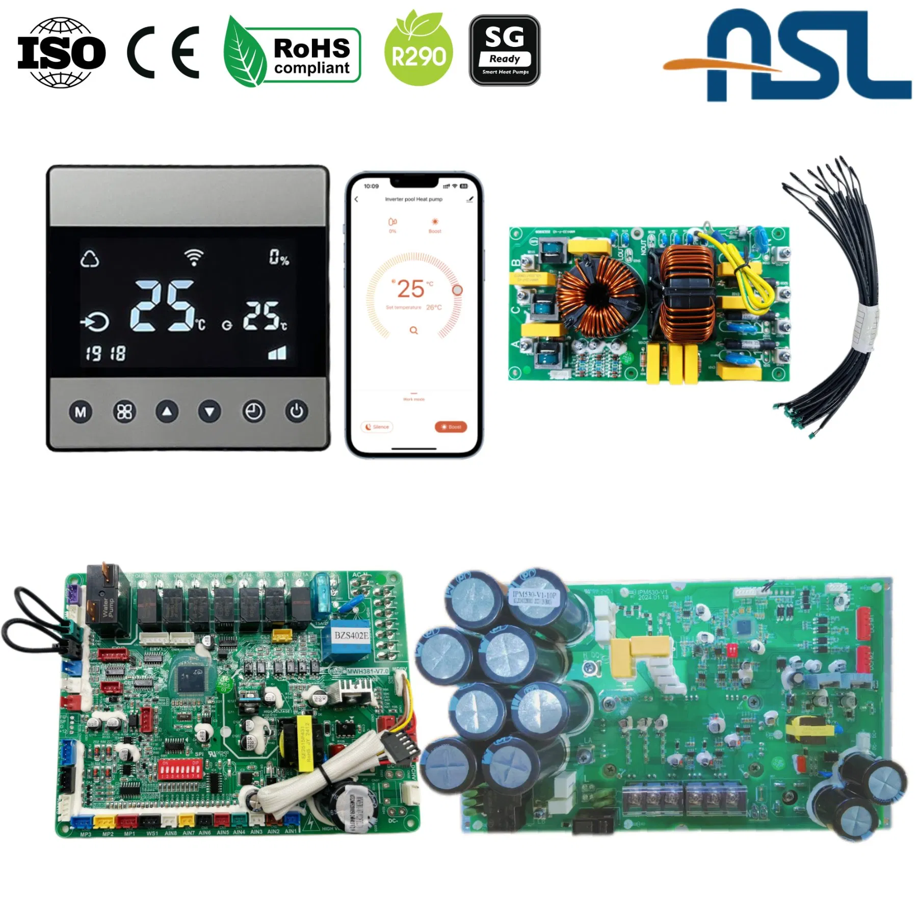 R290 Leak & Explosion Proof 12kw CE/RoHS/Sg Ready Inverter Swimming Pool Heat Pump Controller with Thermostat & Main Board & Compressor Driver PCBA