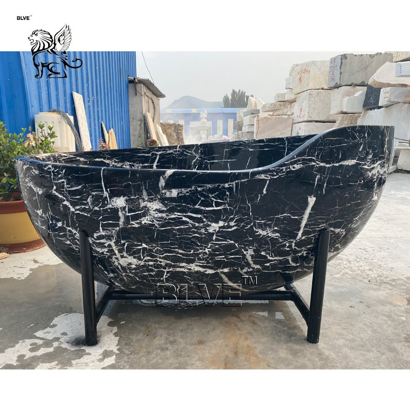 Blve Large Modern Nero Marquina Solid Natural Stone Bathroom Tub Freestanding Black Marble Elegant Bathtub