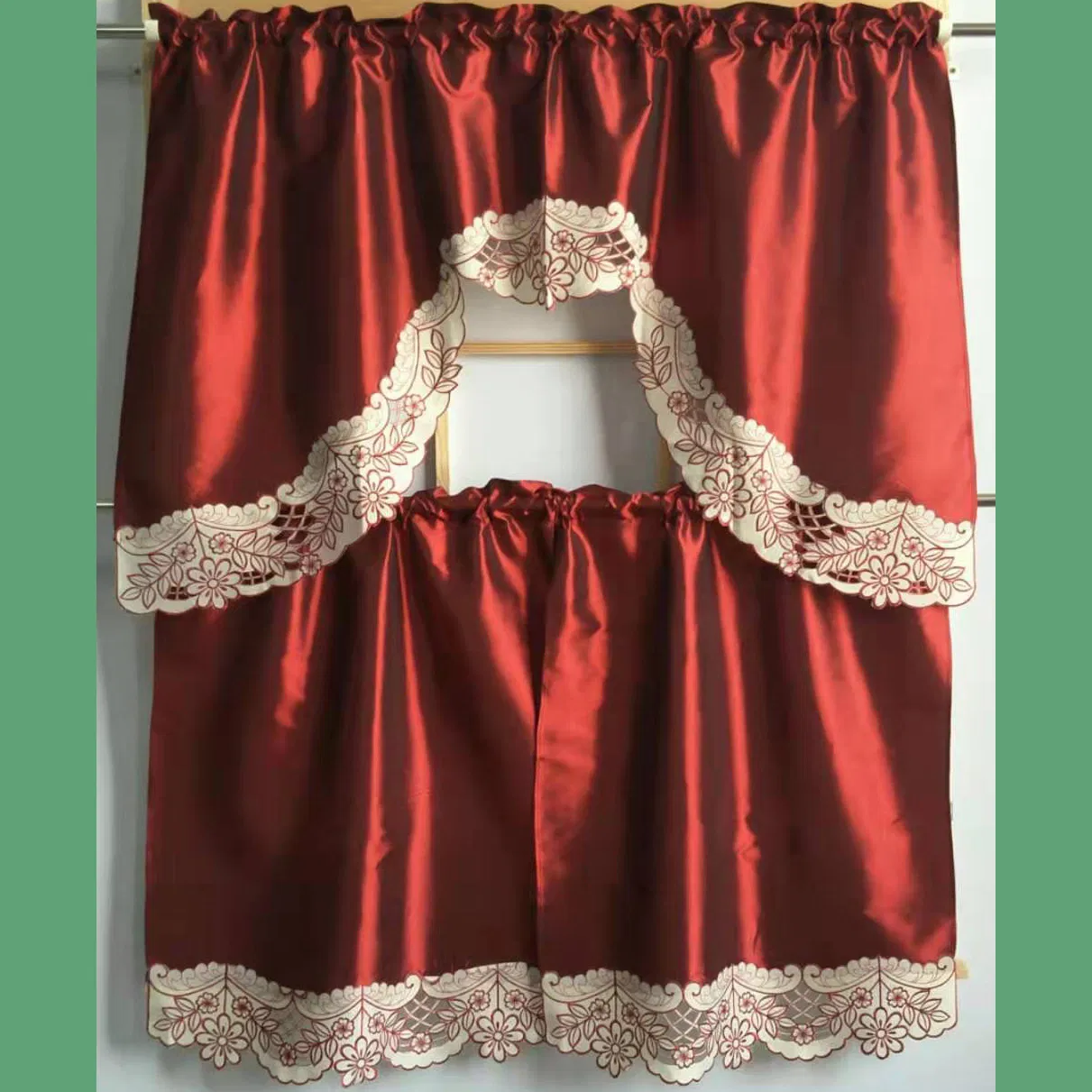 Embroidered Border Patchwork Red Satin Fabric Kitchen Curtain