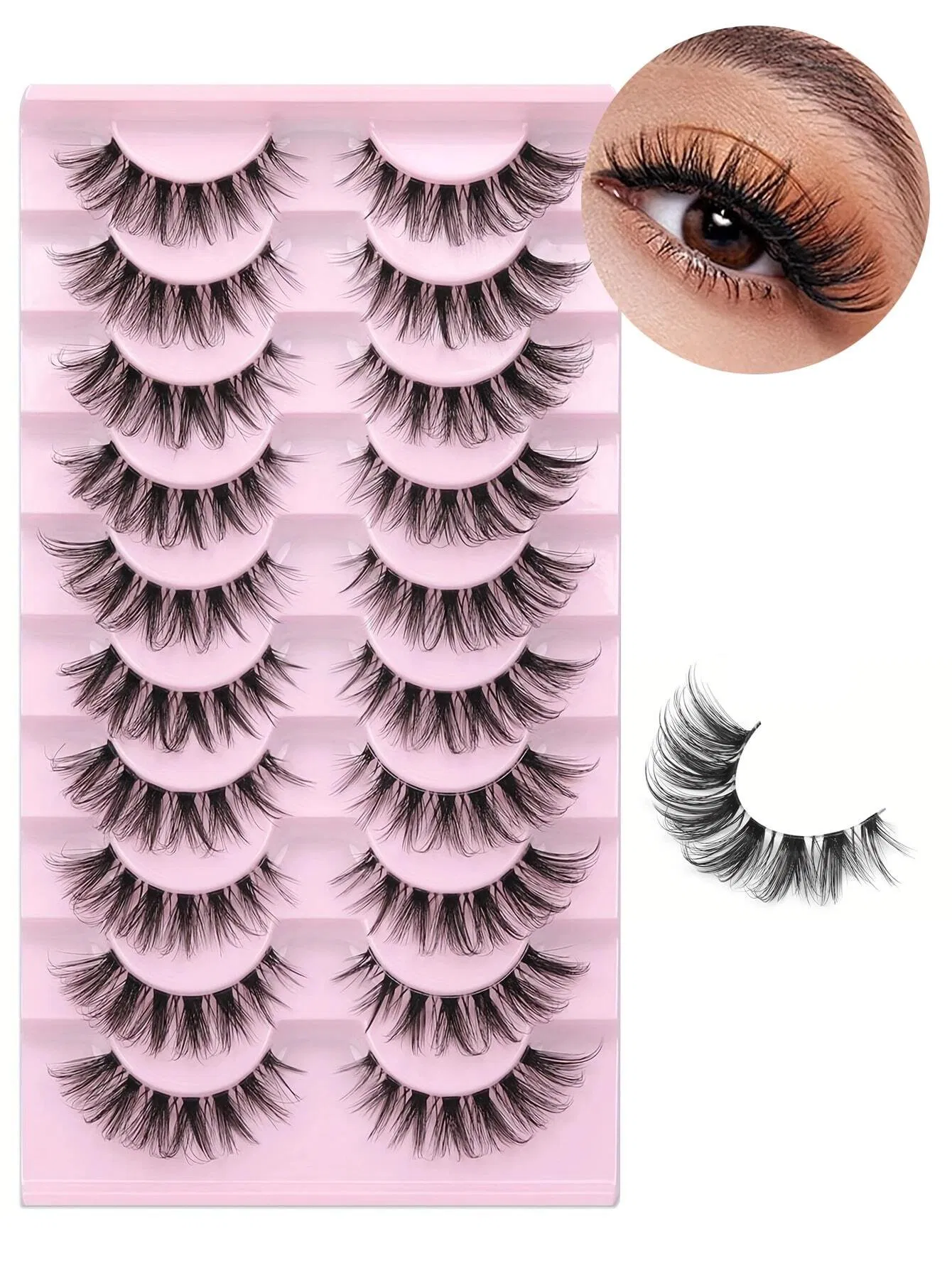 False Eyelashes Natural Looking 10 Pair Eyelashes Sets Lengthening, Cat Eye Style. 15mm, Russian Volume D Curved Eyelashes with Transparent Band