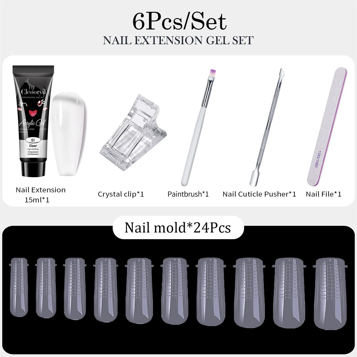 15ml Nail Extension Gel 6 Pieces Nail Mold Brush Nail Poly Gel Set Crystal Gel