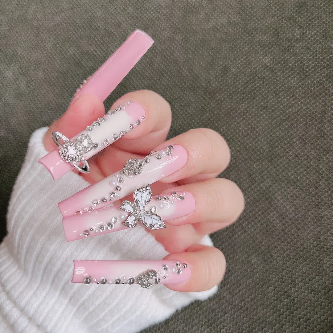 Super Long Coffin Pink Rhinestone Acrylic French Nail Art Luxury Press on Nails False Artificial Fingernails Fake Nails