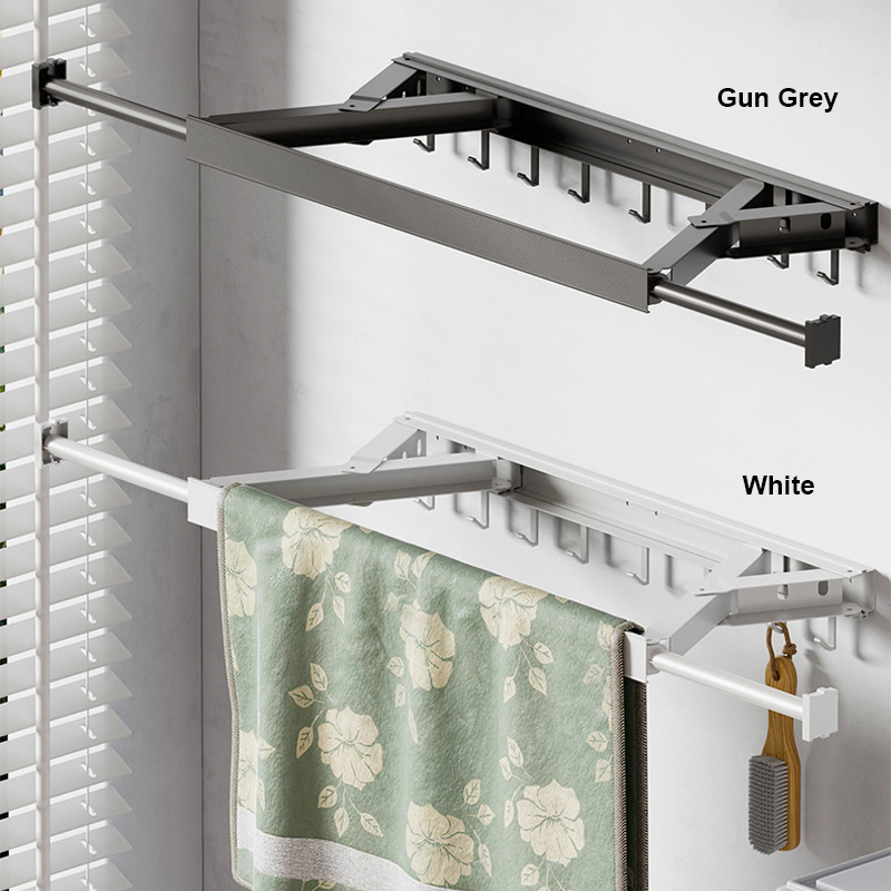 Sanipro Balcony Folding Space Saver Clothes Drying Rack Laundry Hanger No-Drilling Wall-Mounted Telescopic Clothes Drying Pole