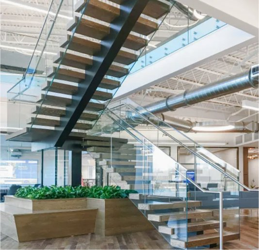 L Shape Solid Wood Straight Metal Staircase with Tempered Glass Railing Design