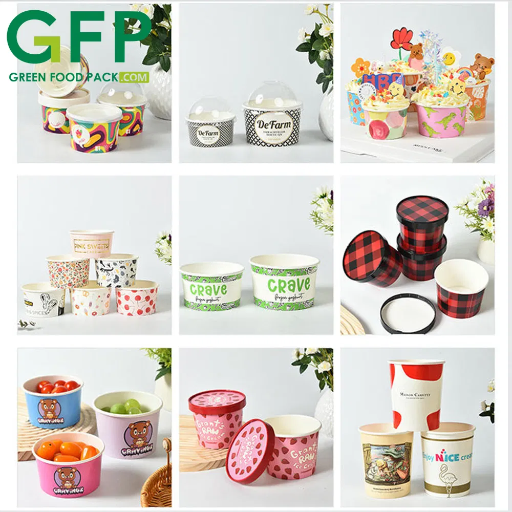 Disposable Biodegradable Square Ice Cream Paper Cup Gelato Food Container Rectangle Shape Paper Cup with Plastic Lid