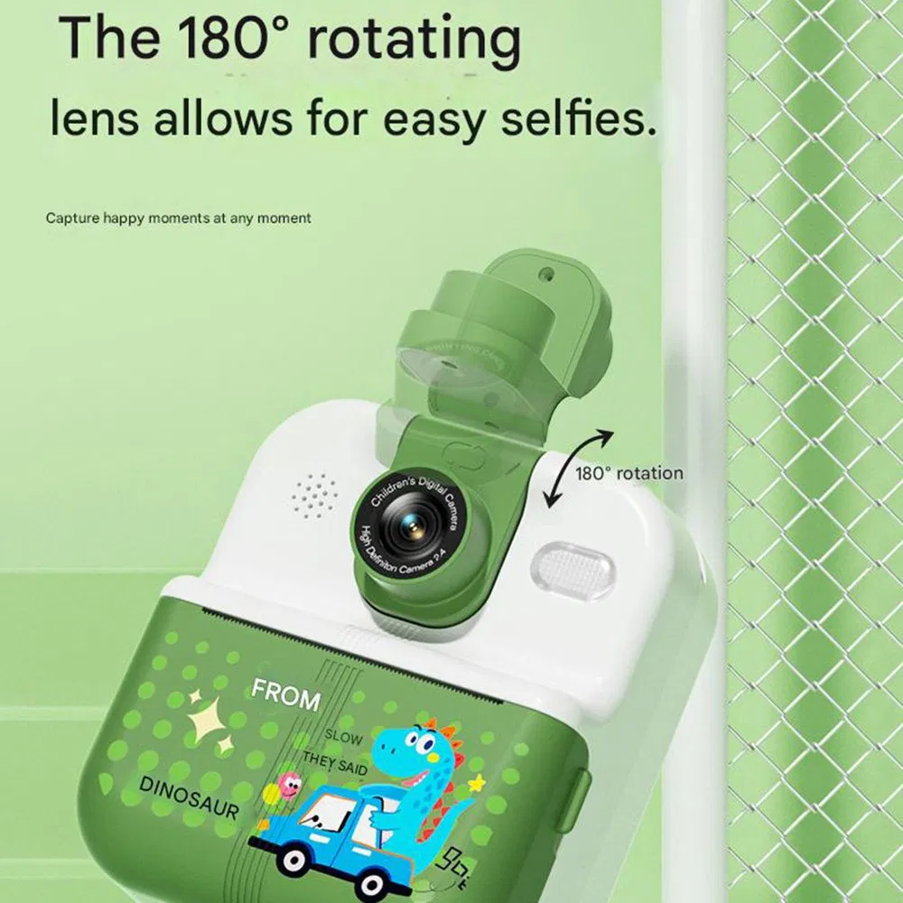 P02 Kids Camera with Photo Printer - 2.4" IPS Screen, Cartoon Animal Design, APP Control, Rotatable Lens (Green)