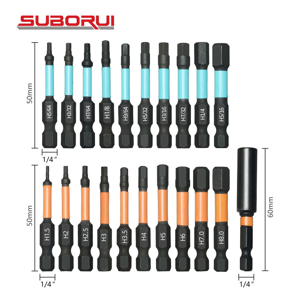 Suborui 21PCS Impact Hex Head Allen Wrench Drill Bit Set S2 Alloy Magnetic 1/4inch Quick Release Shank Screw Driver Drill Bit for Home Repair