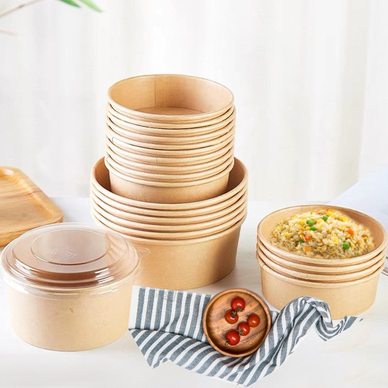 500ml 750ml 900ml Disposable Compostable Kraft Paper Soup Bowl Salad Takeaway Food Container Clear Lid Food Grade Eco-Friendly