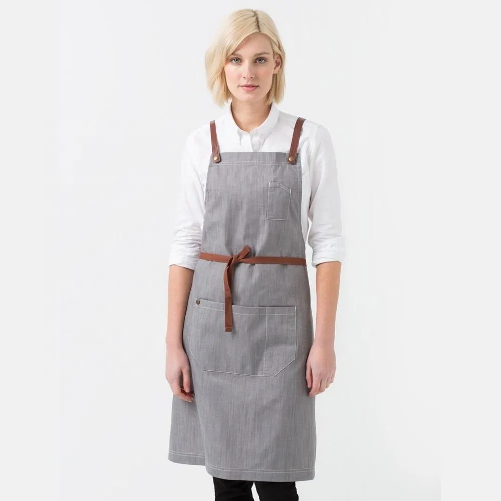 Fashion Custom Cotton Linen Kitchen Server Bib Cooking Embroidery Khaki Chef Apron