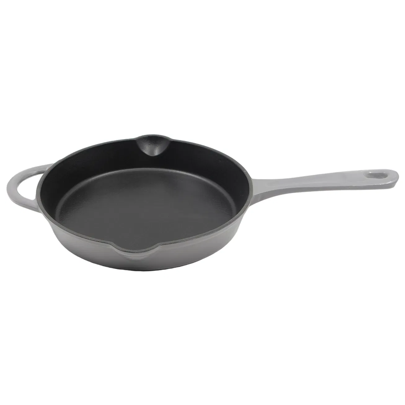 Colorful Enameled Cast Iron Frying Pan with Dual Spouts and Helper Handle for Searing Skillet