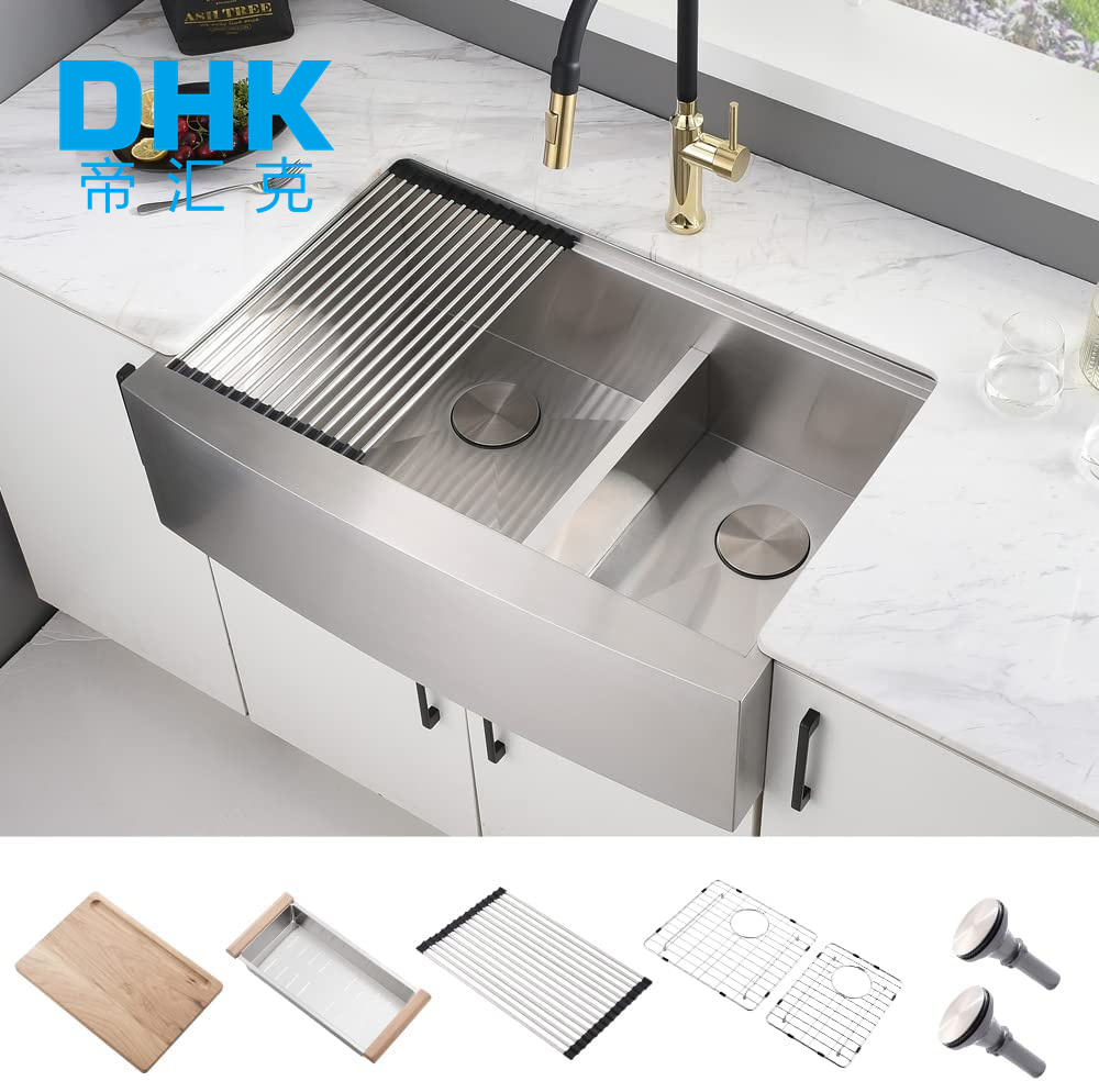 Factory Custom Apron Front Double Bowl Handmade High Quality Stainless Steel Farmhouse Kitchen Sink