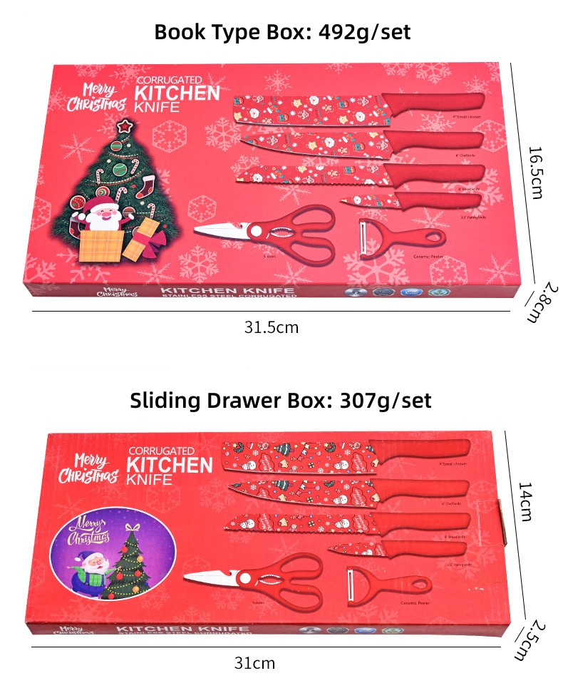 Wheat Straw Kitchen Knives, Food Safe Stainless Steel Knife, 4 Knives, Scissors, Peeler 6PCS Small Set Kitchen Knife Set in Sliding Drawer Box--X-Mas Green